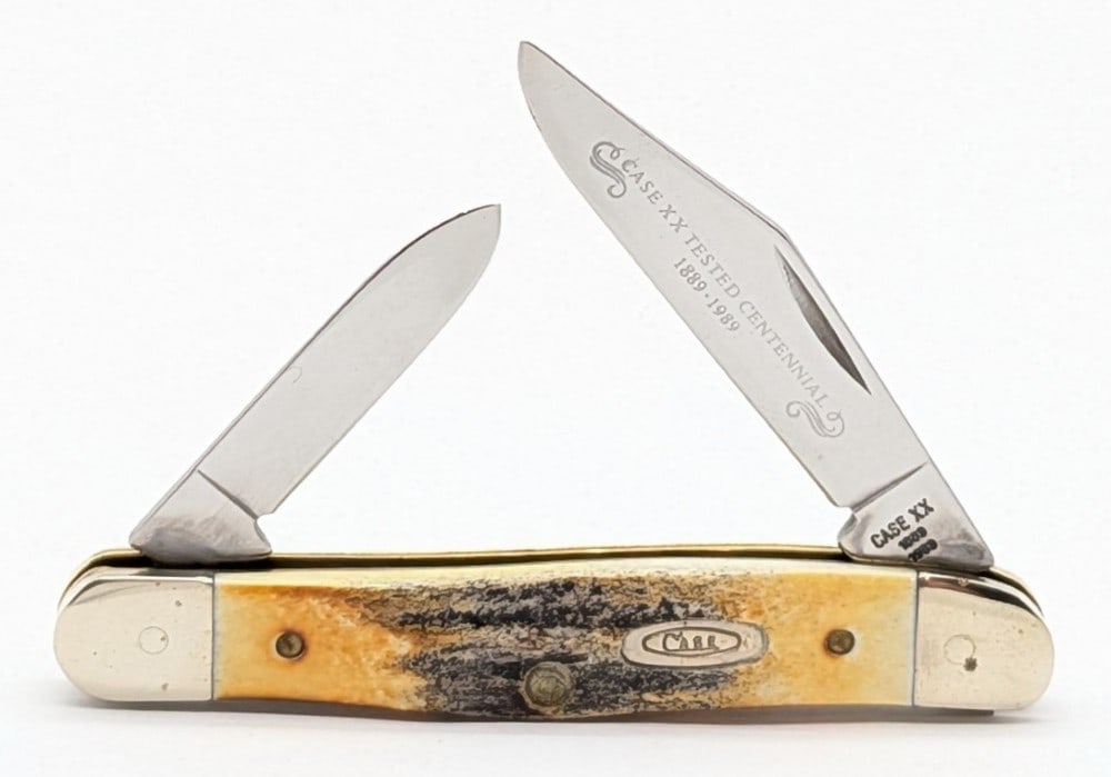 1989 Case XX Centennial Stag Half Whittler 5208: Knife is in very nice condition with light scuffs and some tarnishing on the bolsters from handling. Overall measures 3-1/4in when closed.