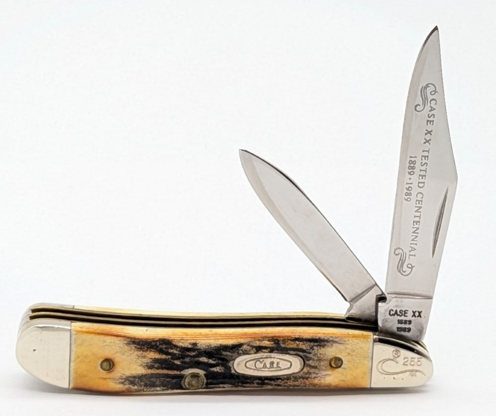 Ltd 1989 Case XX Centennial Stag Peanut 5220: Knife is numbered 255, and is in very nice condition with light scuffs on the bolsters from handling. Overall measures 2-7/8in when closed.