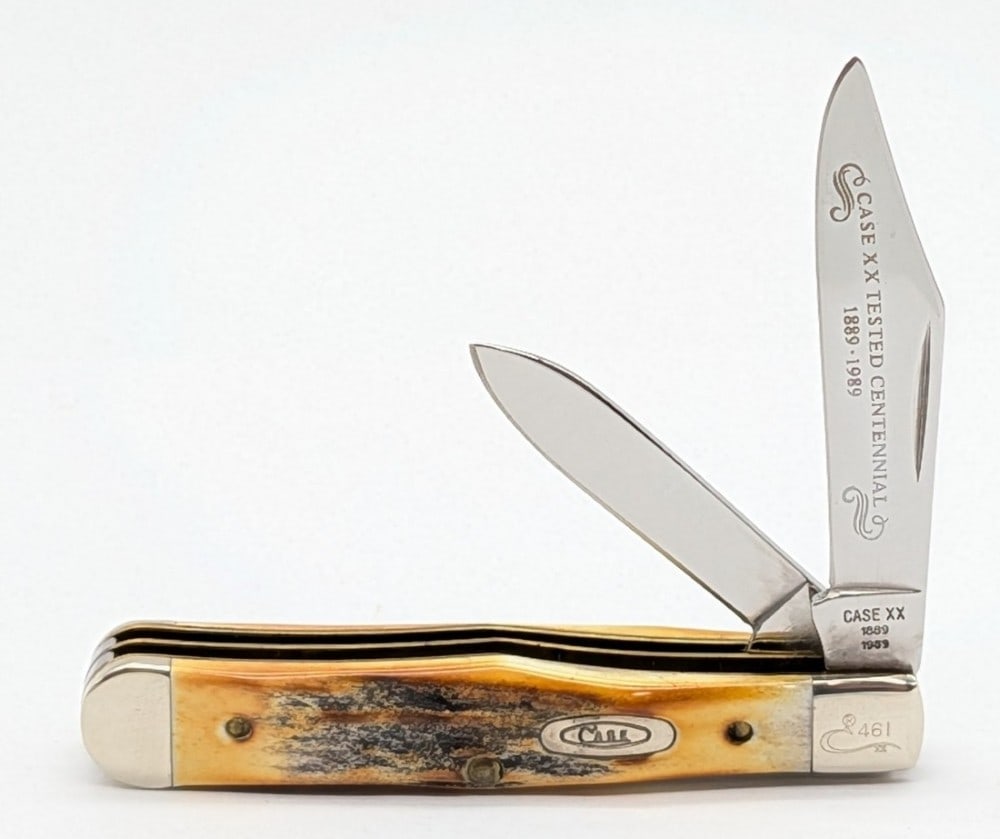 Ltd 1989 Case XX Centennial Stag Small Coke Bottle 5225 1/2: Knife is numbered 461, and is in very nice condition with light scuffs on the bolsters from handling. Overall measures 3in when closed.