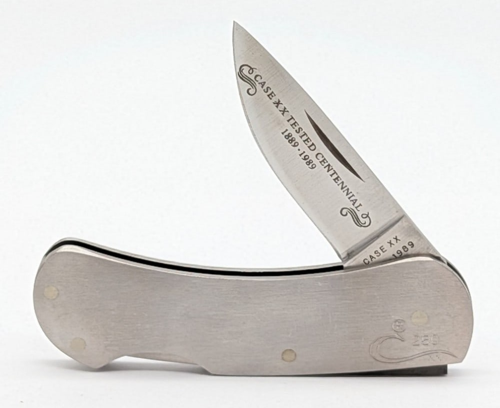 Ltd 1989 Case XX Centennial Metal Lockback M1054: Knife is numbered 260, and is in very nice condition with light scuffs from handling. Overall measures 3-1/8in when closed.