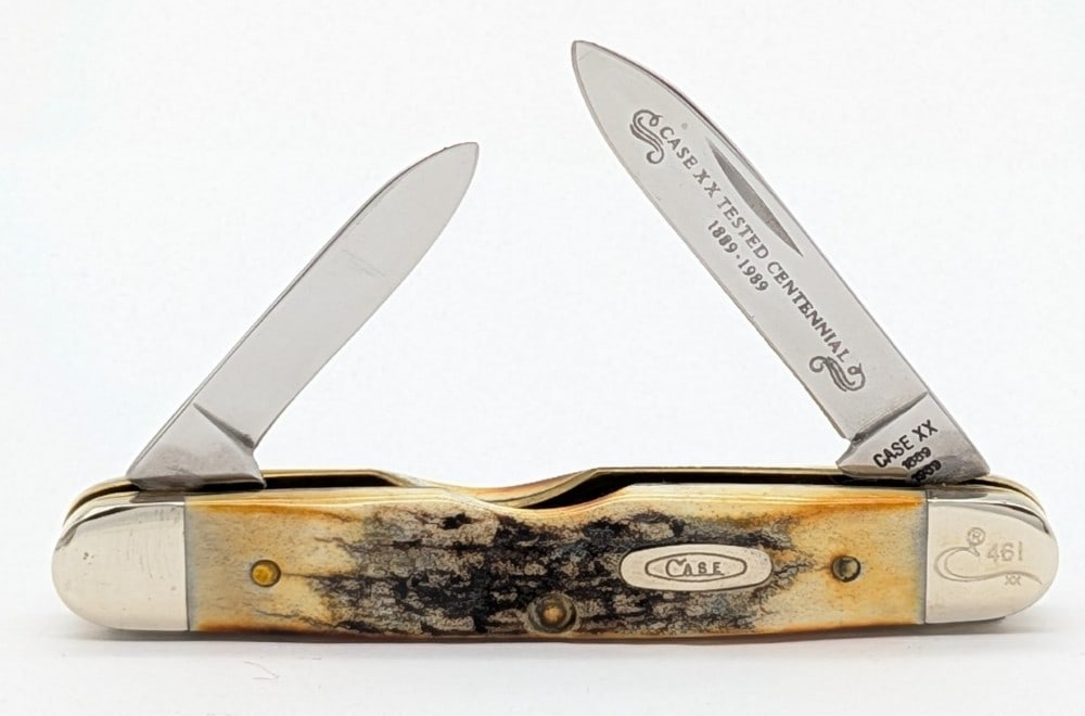 Ltd 1989 Case XX Centennial Stag Pen Senator 5279: Knife is numbered 461, and is in very nice condition with light scuffs on the bolsters from handling. Overall measures in when closed.