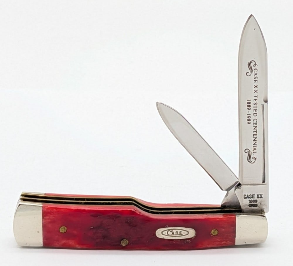 1989 Case XX Centennial Red Bone Small Gunstock R6215: Knife is in very nice condition with light scuffs on the bolsters from handling. Overall measures 3in when closed.