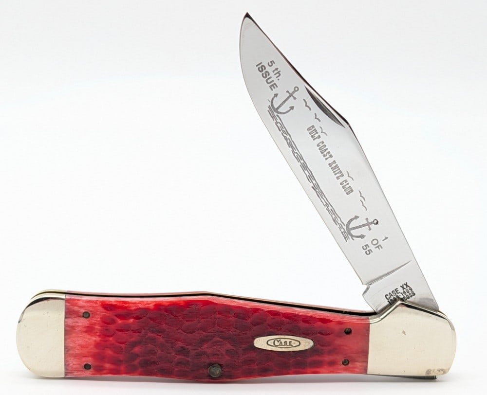 Ltd 1989 Case XX Gulf Coast Knife Club Red Bone Copperhead Coke Bottle RC61050: Knife is in nice condition with some scuffs and tarnishing on the bolsters from handling and age. Overall measures 5-3/8in when closed.