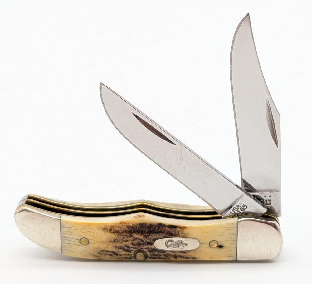 2020 Case XX Stag Pocket Hunter 52165: Knife is in nice condition with some scuffs on the bolsters and blades from handling. Overall measures 2-3/4in when closed.