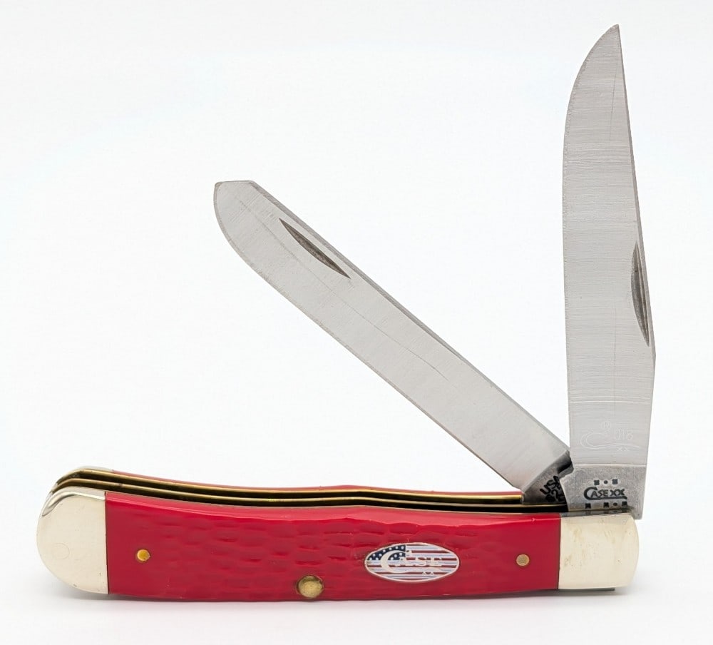Ltd 2003 Case XX Red Synth Trapper 6254: Knife is numbered 018, and is in very nice condition with minimal scuffs from handling. Overall measures 4-1/8in when closed.