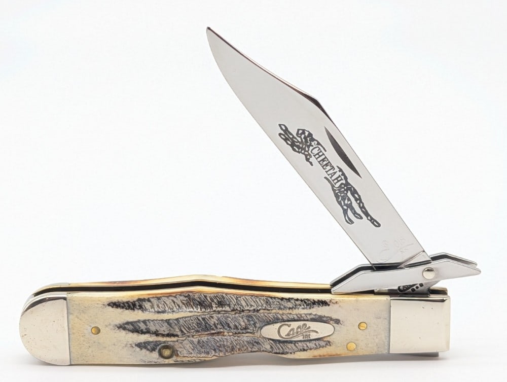 Ltd 2003 Case XX Bone Stag Cheetah 6.5111 1/2: Knife is numbered 018, and is in very nice condition with light scuffs on the bolsters from handling. Overall measures 4-3/8in when closed.