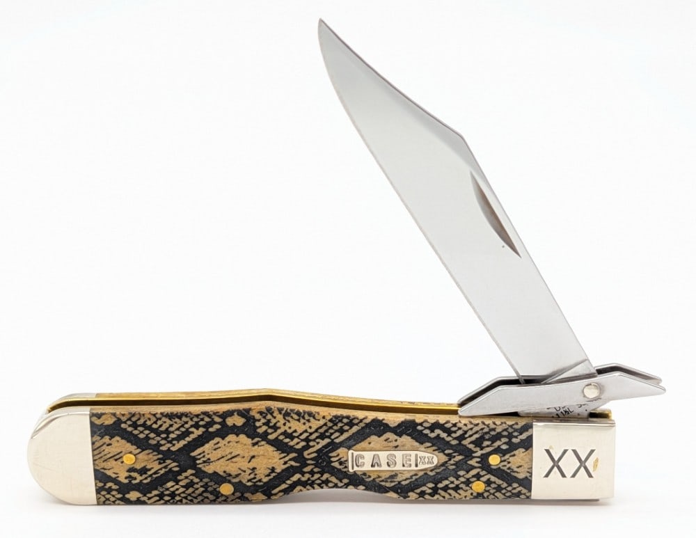 2020 Case XX Olive Green Bone Snake Skin Cheetah 6111 1/2: Knife is in very nice condition with light scuffs on the bolsters from handling. Overall measures 4-3/8in when closed.