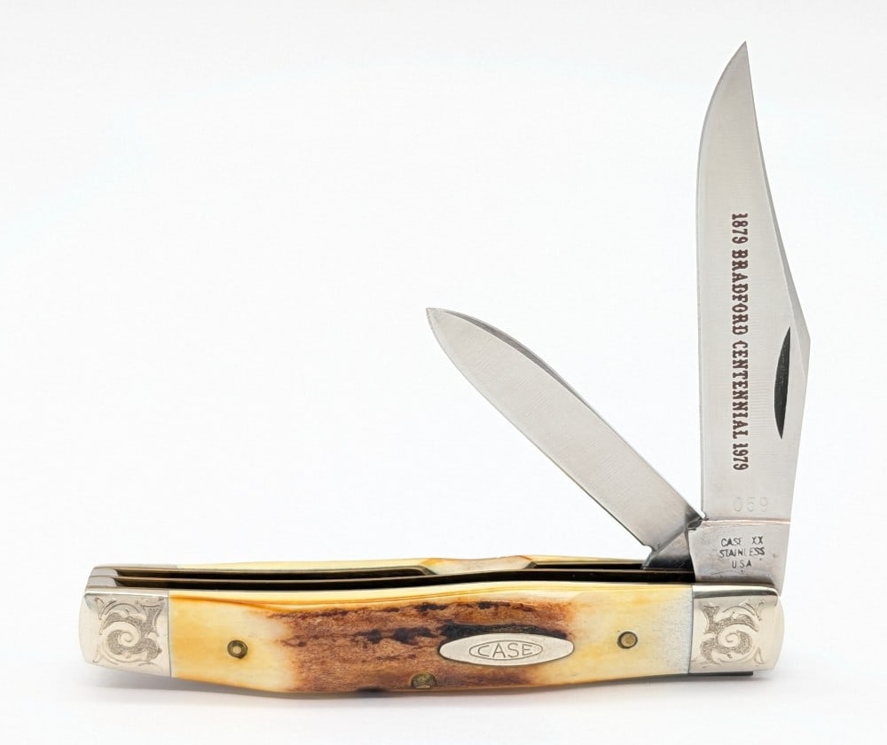 Ltd 1979 Case XX Scroll Bolster Bradford Centennial Stag Texas Jack Knife 5292: Knife is numbered 059, and is in very nice condition with minimal wear from handling. Overall measures 4in when closed.