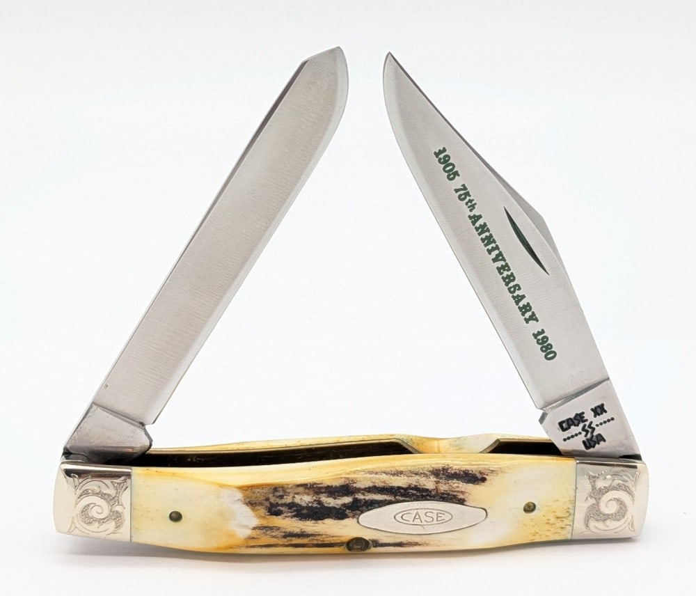 Ltd 1980 Case XX Scroll Bolster 75th Anniversary Stag Moose 5275: Knife is numbered 422, and is in very nice condition with minimal wear from handling. Overall measures 4-1/4in when closed.