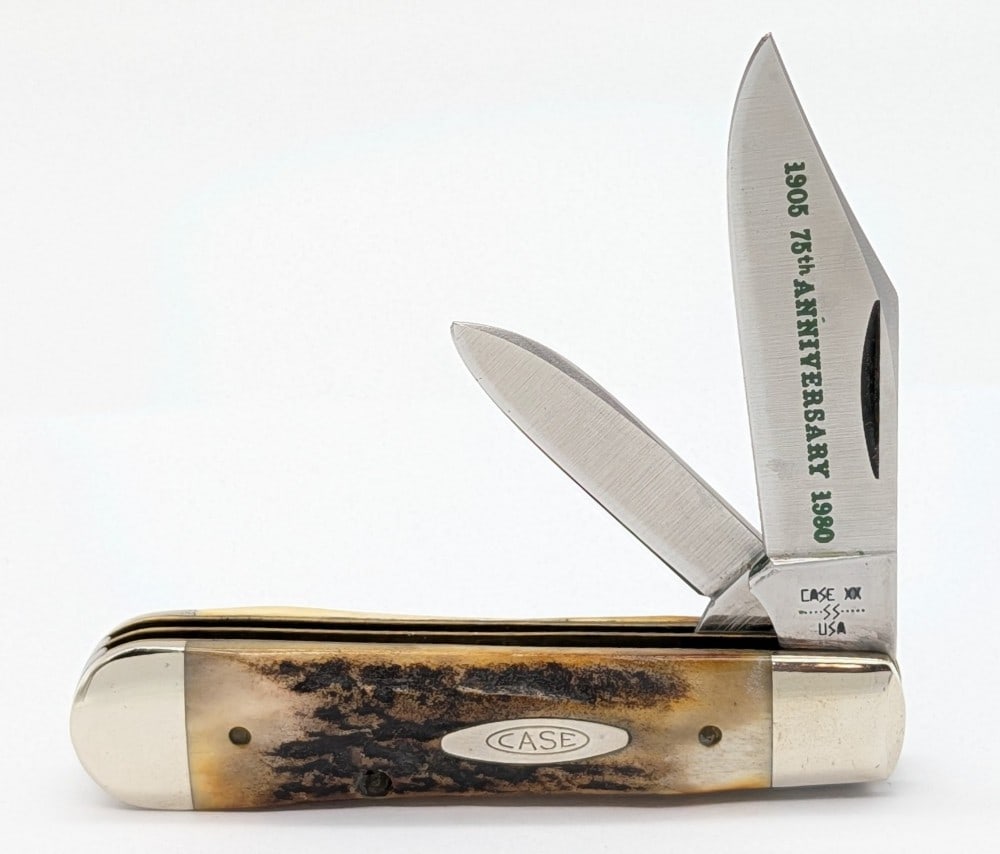 1980 Case XX 75th Anniversary Stag Barlow 5235 1/2: Knife is in very nice condition with light wear from handling. Overall measures 3-3/8in when closed.