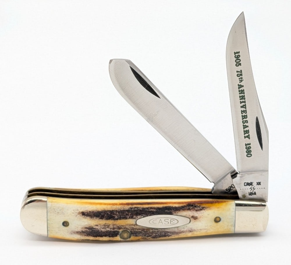 1980 Case XX 75th Anniversary Stag Barlow 5235 1/2: Knife is in very nice condition with light wear from handling. Overall measures 3-3/8in when closed.