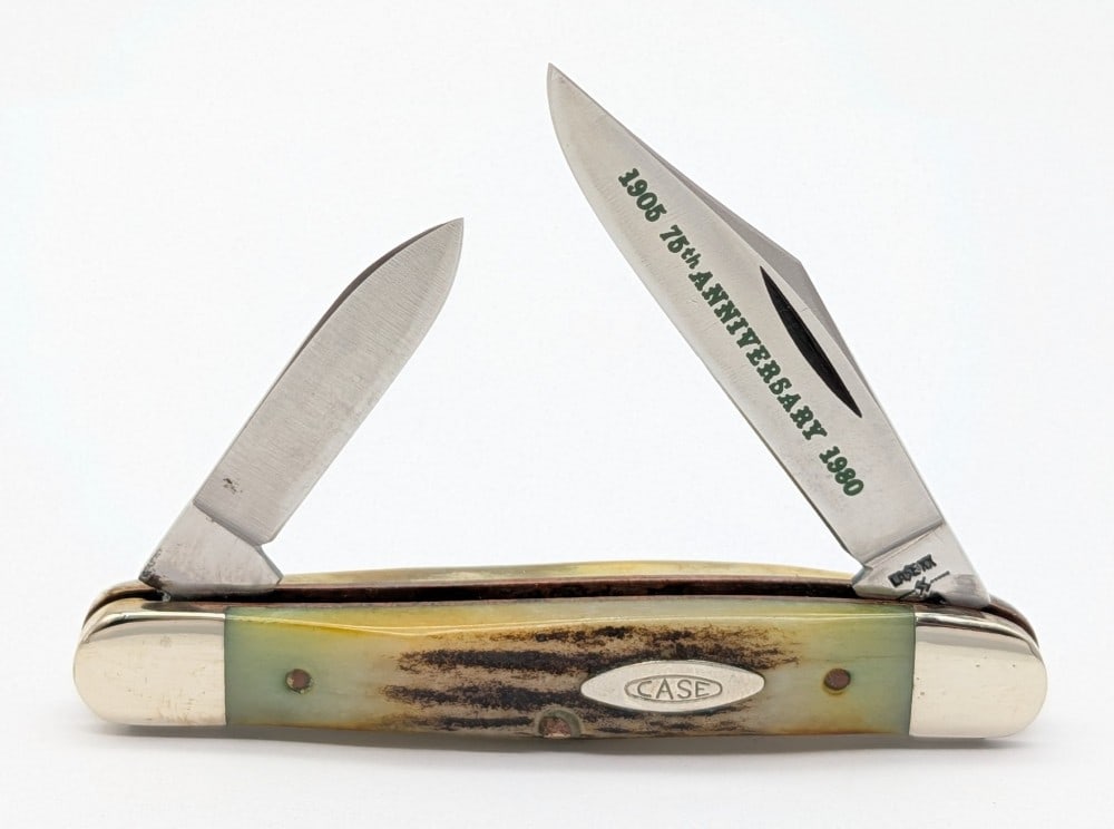 1979 Case XX Bradford Centennial Stag Small Jack Knife 52027: Knife is in very nice condition with light scuffs on the bolsters from handling. Overall measures 2-7/8in when closed.