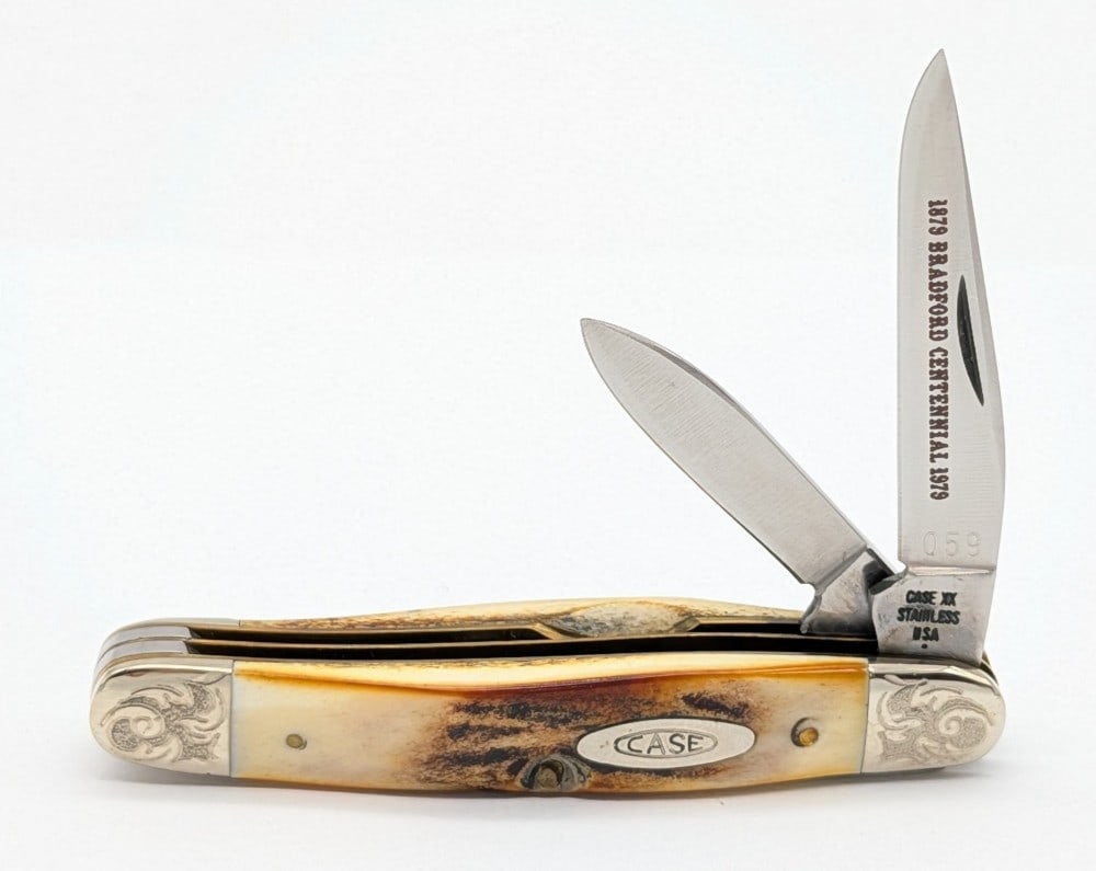 Ltd 1979 Case XX Scroll Bolster Bradford Centennial Stag Small Jack Knife 52027: Knife is numbered 059, and is in very nice condition with light scuffs on the bolsters from handling. Overall measures 2-7/8in when closed.