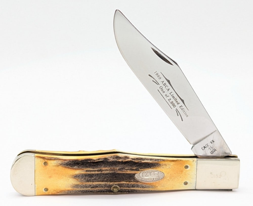 Ltd 1989 Case XX ABCA Stag Coke Bottle 51050: Knife is numbered 0189 of 2500, and is in very nice condition with light scuffs on the bolsters from handling. Overall measures 5-3/8in when closed.