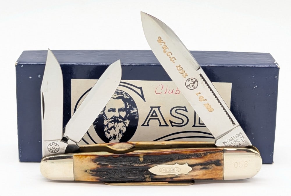 Ltd 1991 Case XX Classic WKCC Stag Cigar Whittler 6391 w/ Box: Knife is numbered 058 of 100, and is in very nice condition with light scuffs on the bolsters from handling. Overall measures 4-5/8in when closed.
