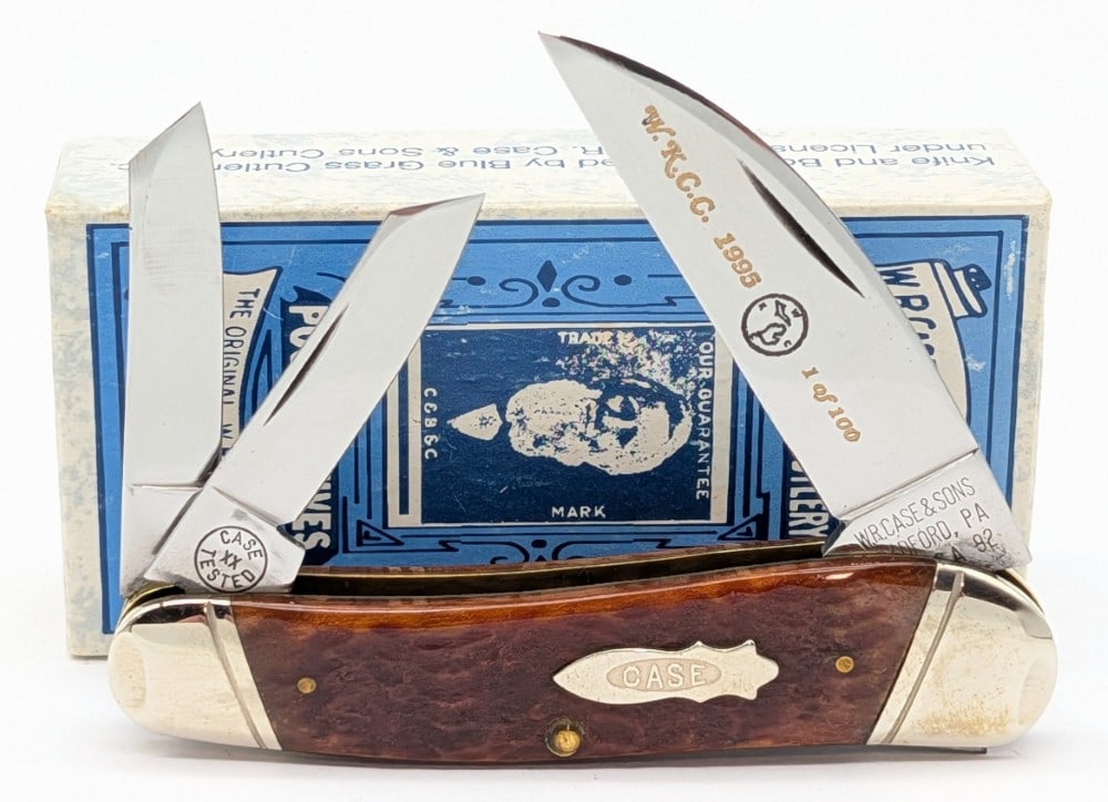1992 Case XX Classic WKCC Prototype Red Bone Wharncliffe Whittler 6355 w/ Box: Knife is in very nice condition with light scuffs on the bolsters from handling. Overall measures 3-3/4in when closed.