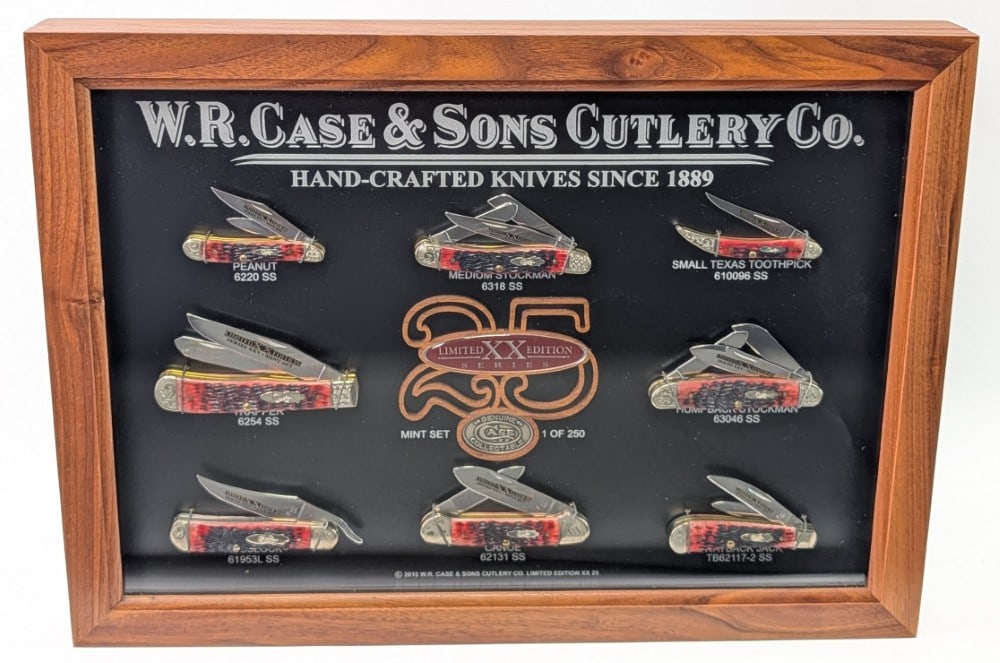 Ltd 2010 Case XX 25th Limited Edition Series Crimson Bone Mint Set w/ COA: Set is numbered 022 of 250. Includes a Trapper 6254, Small Texas Toothpick 610096, Russlock 61953, Peanut 6220, Canoe 62131, Sway Back Jack TB62117, Humpback Stockman 63046, and Medium Stockman 6318. 
