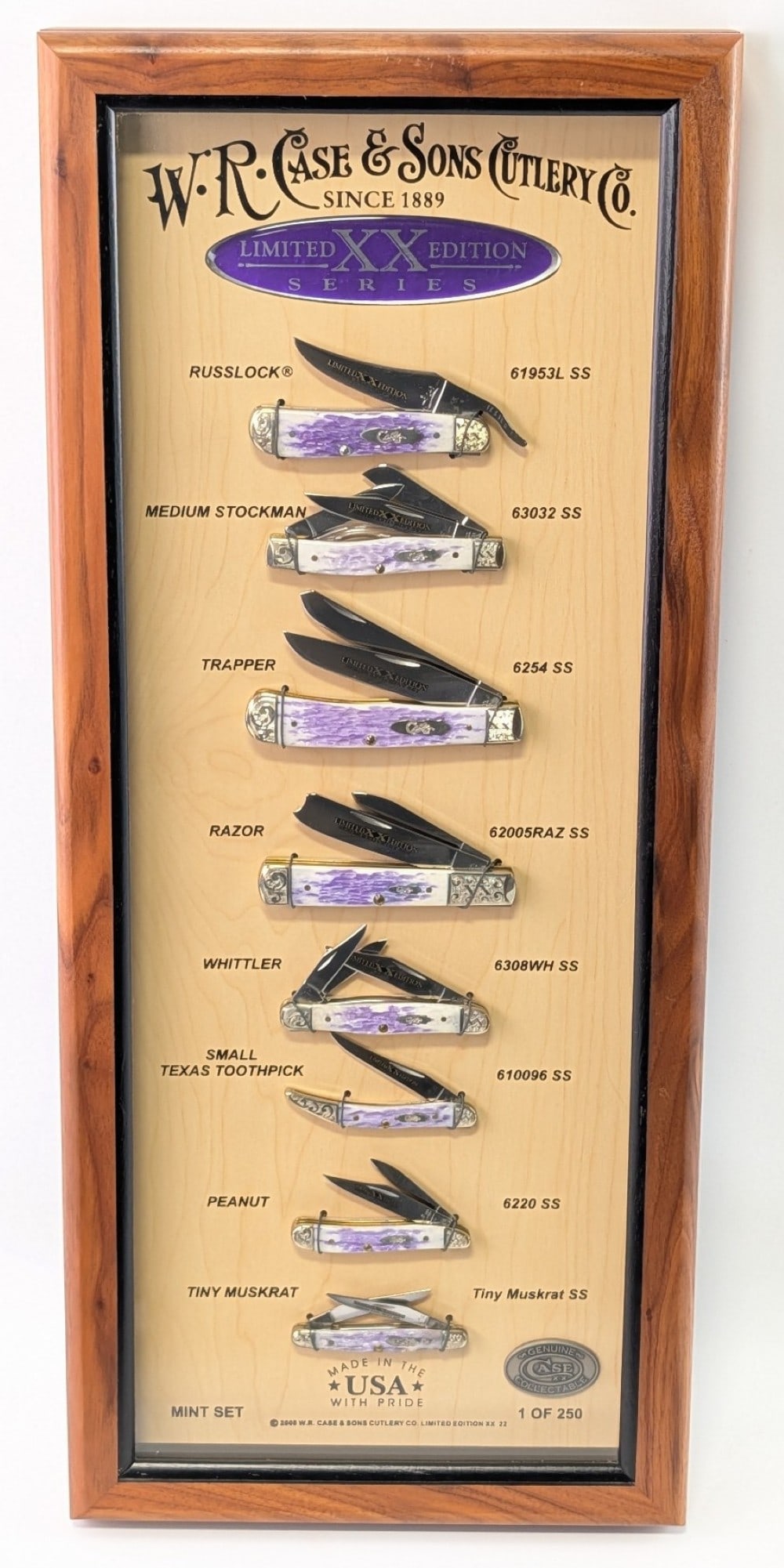 Ltd 2008 Case XX Limited Edition Series Periwinkle Bone Mint Set w/ COA: Set is numbered 248 of 250. Includes a Trapper 6254, Small Texas Toothpick 620096, Russlock 61953, Razor 62005, Medium Stockman 63032, Whittler 6308, Peanut 6220, and Tiny Muskrat. Knives are all in l