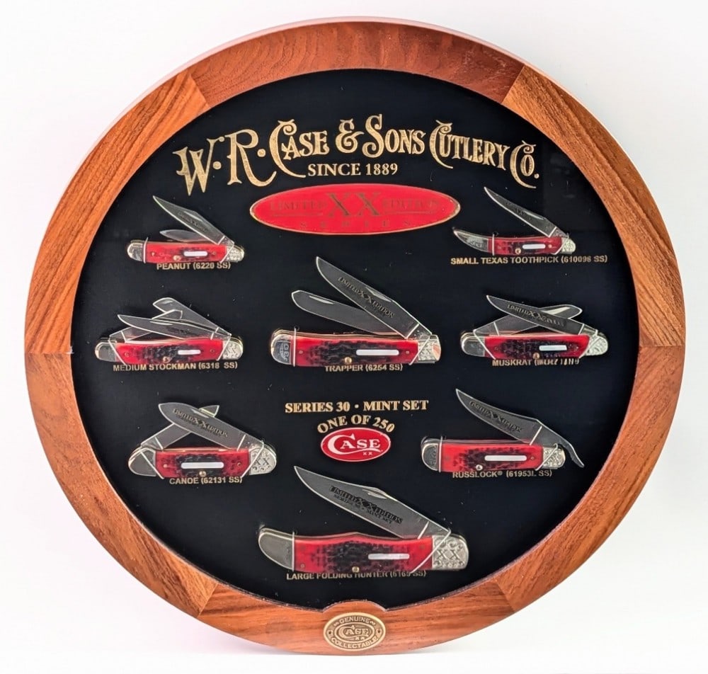 Ltd 2014 Case XX Limited Edition Series Pearl Bar Brick Red Bone Mint Set w/ COA: Set is numbered 091 of 250. Includes a Trapper 6254, Small Texas Toothpick 620096, Russlock 61953, Peanut 6220, Muskrat, Medium Stockman 6318, Large Folding Hunter 6165, and Canoe 62131. Knives are al
