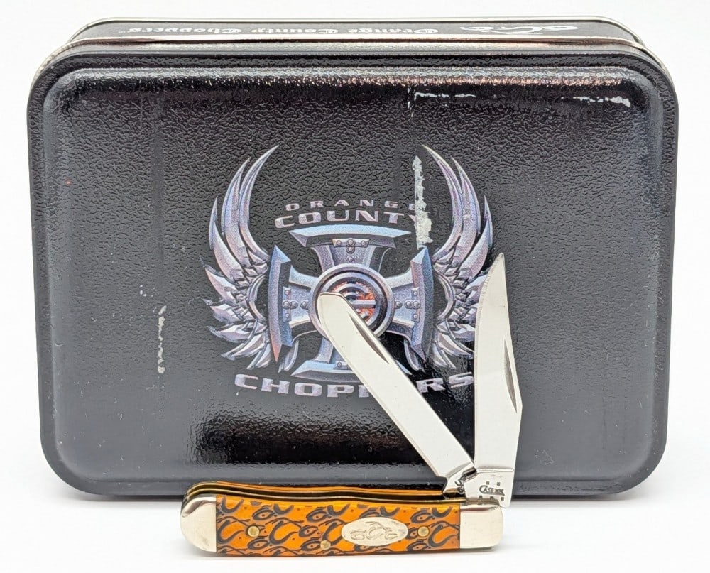 2005 Case XX Orange County Chopper Orange Bone Tiny Trapper 62154 w/ Tin: Knife is in like new condition. Overall measures 2-3/8in when closed.