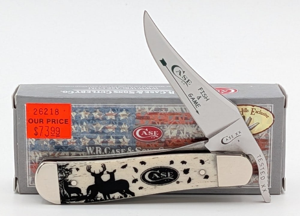 2019 Case XX Fish & Game Deer Natural Bone Russlock 61953L w/ Box: Knife is in like new condition. Overall measures 4in when closed.