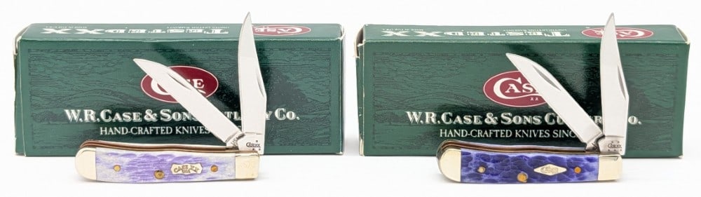 2005 & 07 Case XX Periwinkle & Ultra Violet Wharncliffe Tiny Trappers 62154 w/ Boxes: Knives are in very nice condition with light tarnishing from handling. Overall measures 2-3/8in when closed.