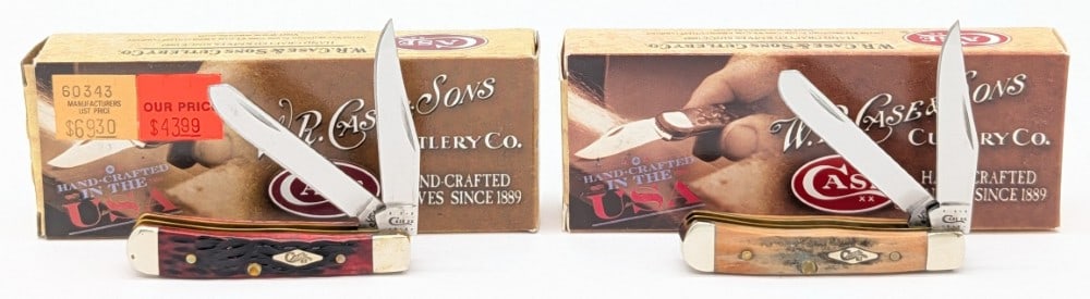2011 Case XX Crimson & New Black Bone Tiny Trappers 62154 w/ Boxes: Knives are in very nice condition with light tarnishing from handling. Overall measures 2-3/8in when closed.
