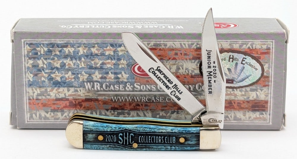 2020 Case XX SHCC Junior Member Oceanside Bone Tiny Trapper 62154 w/ Box: Knife is numbered 2730A, and is in very nice condition with light tarnishing from handling. Overall measures 2-3/8in when closed.