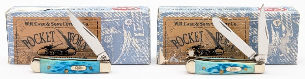 2004 & 05 Case XX Caribbean Blue Bone Tiny Trappers w/ Boxes: Knives are in very nice condition with minimal wear from handling. Overall measures 2-3/8in when closed.