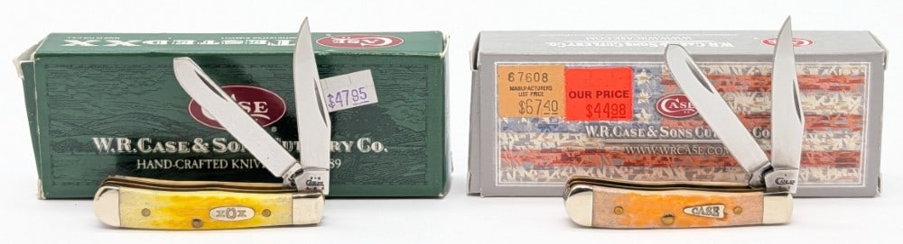 2004 & 17 Case XX Yellow & Peach Bone Tiny Trappers 62154 w/ Boxes: Knives are in very nice condition with minimal wear from handling. Overall measures 2-3/8in when closed.