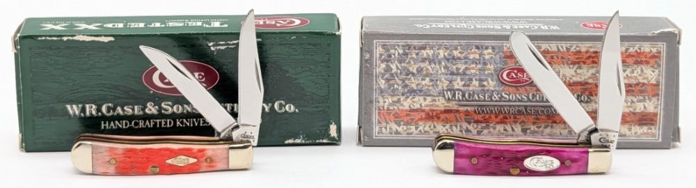 2005 & 13 Case XX Magenta & Salmon Bone Tiny Trappers 62154 w/ Boxes: Knives are in very nice condition with minimal wear from handling. Overall measures 2-3/8in when closed.