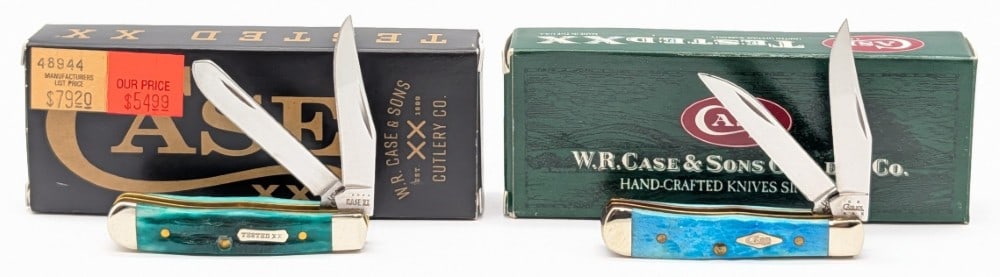 2005 & 22 Case XX Sky Blue & Jade Bone Tiny Trappers 62154 w/ Boxes: Knives are in very nice condition with minimal wear from handling. Overall measures 2-3/8in when closed.