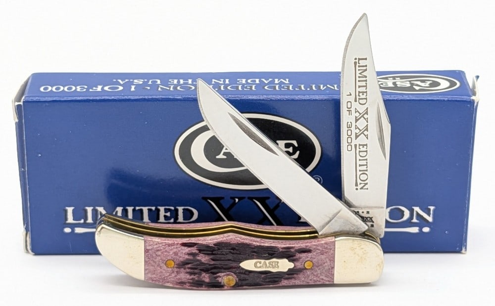 Ltd 2003 Case XX Cabernet Bone Pocket Hunter 62165 w/ Box: Knife is 1 of 3000, and is in very nice condition with minimal wear from handling. Overall measures 2-3/4in when closed.