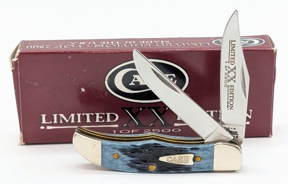 Ltd 2002 Case XX Mediterranean Blue Bone Pocket Hunter 62165 w/ Box: Knife is 1 of 2500, and is in very nice condition with minimal wear from handling. Overall measures 2-3/4in when closed.