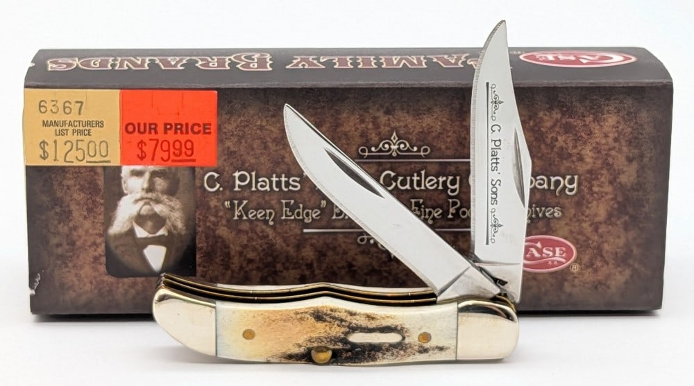 2005 Case XX C. Platts' Sons Burnt Stag Pocket Hunter 52165 w/ Tin: Knife is in very nice condition with minimal wear from handling. Overall measures 2-3/4in when closed.