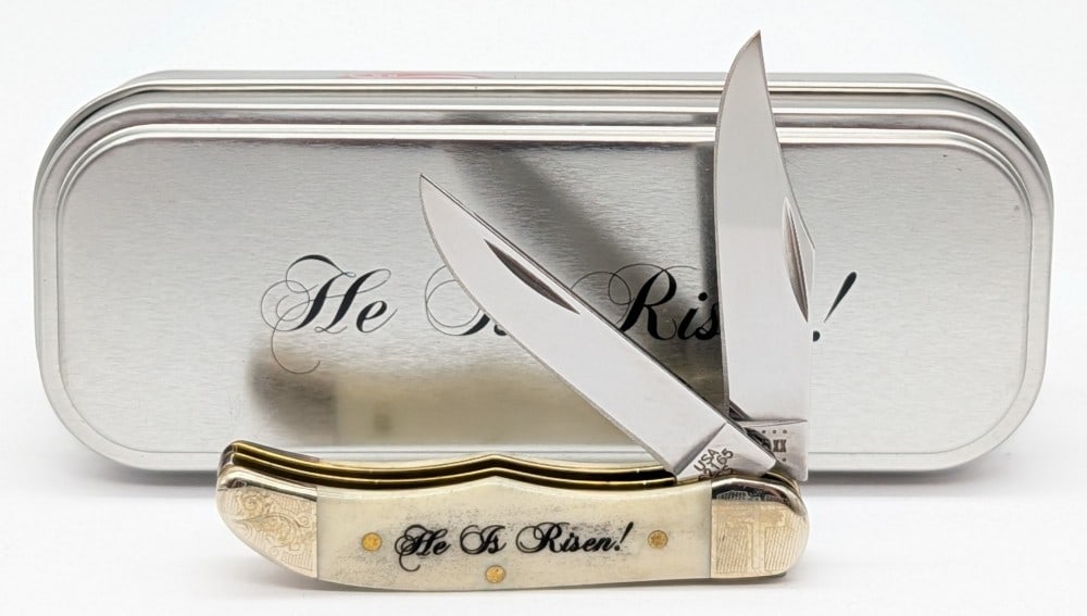 2020 Case XX Easter He is Risen Natural Bone Pocket Hunter 62165 w/ Tin: Knife is in very nice condition with minimal wear from handling. Overall measures 2-3/4in when closed.