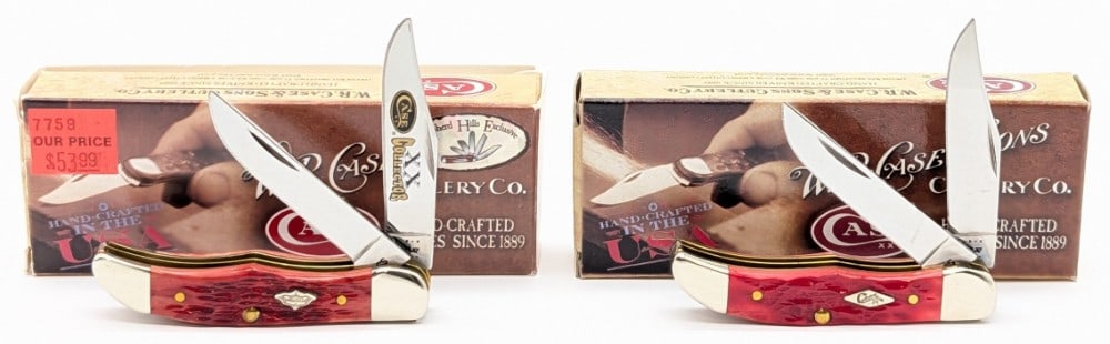 2011 Case XX Red Bone Pocket Hunters 62165 w/ Boxes: Knives are in very nice condition with minimal wear from handling. Overall measures 2-3/4in when closed.