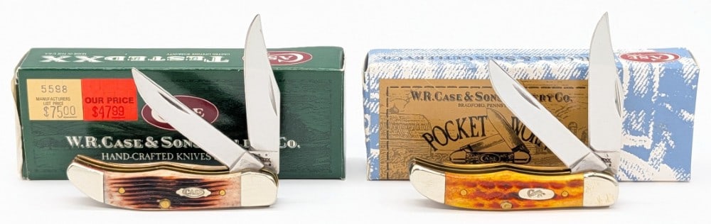 2006 & 08 Case XX Caramel & Harvest Orange Bone Pocket Hunters 62165 w/ Boxes: Knives are in very nice condition with minimal wear from handling. Overall measures 2-3/4in when closed.