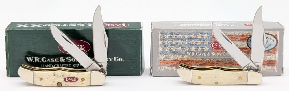2007 & 20 Case XX Natural Bone Pocket Hunters 62165 w/ Boxes: Knives are in very nice condition with minimal wear from handling. Overall measures 2-3/4in when closed.
