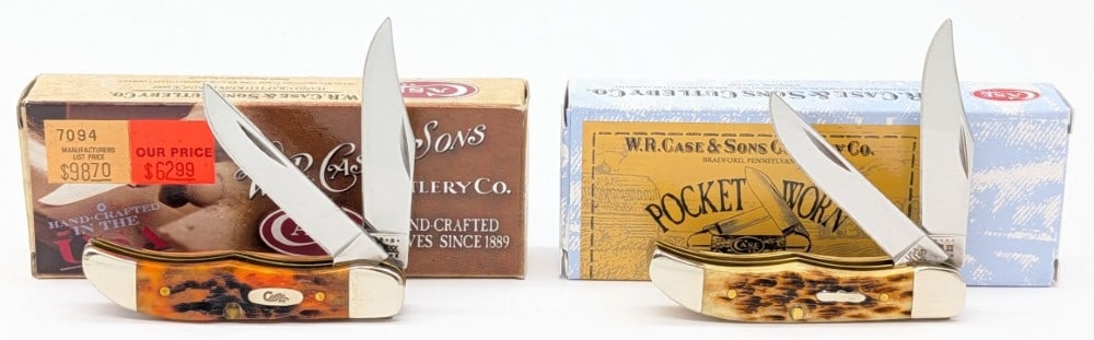 2010 & 20 Case XX Antique Bone Pocket Hunters 62165 w/ Boxes: Knives are in very nice condition with minimal wear from handling. Overall measures 2-3/4in when closed.