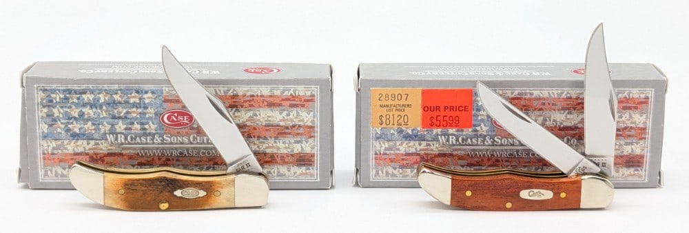 2020 Case XX Chestnut & Dark Molasses Bone Pocket Hunters w/ Boxes: Knives are in very nice condition with minimal wear from handling. Overall measures 2-3/4in when closed.