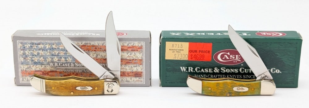 2006 & 20 Case XX Summersend and Chestnut Bone Pocket Hunters w/ Boxes: Knives are in very nice condition with minimal wear from handling. Overall measures 2-3/4in when closed.