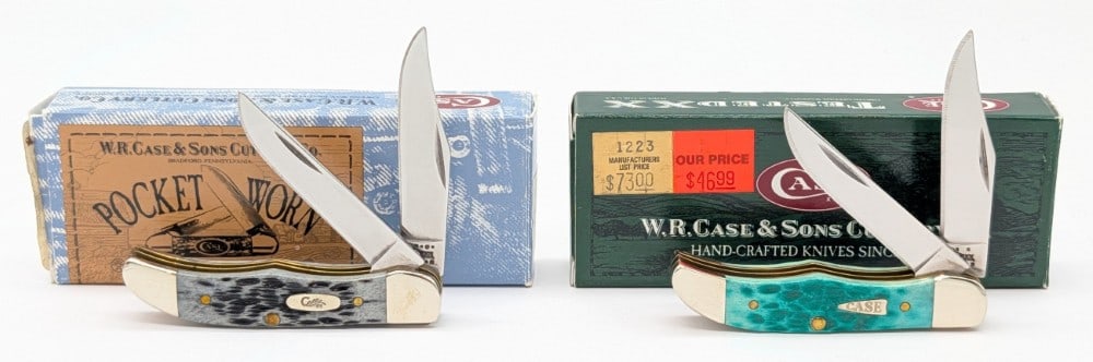 2001 & 05 Case XX Black & Jade Bone Pocket Hunters 62165 w/ Boxes: Knives are in very nice condition with minimal wear from handling. Overall measures 2-3/4in when closed.