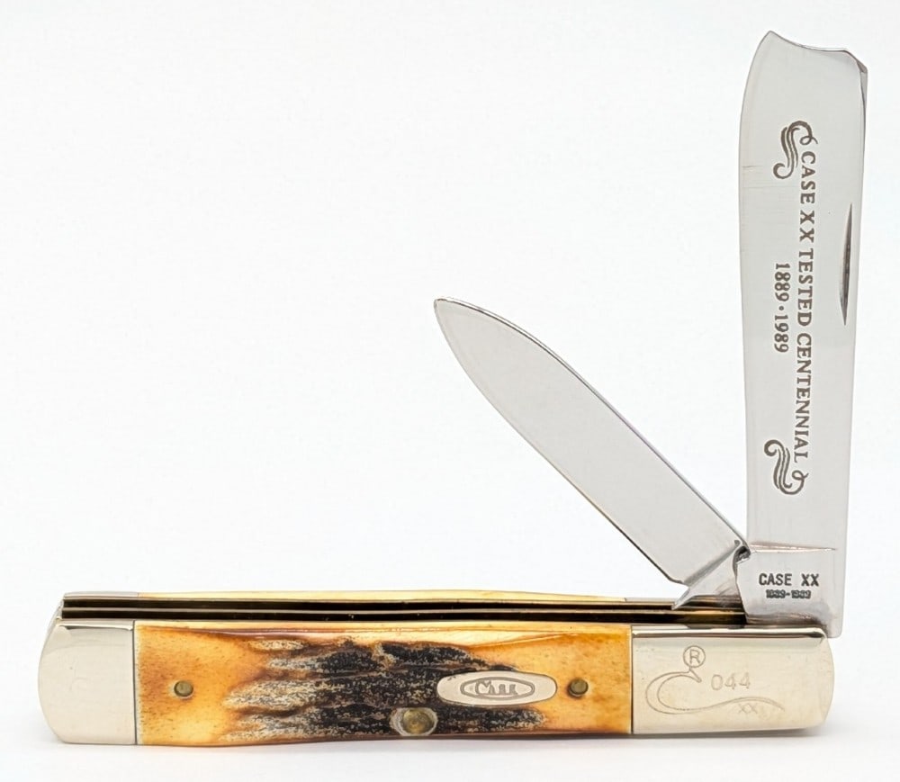 1989 Case XX Centennial Stag Razor 52005: Knife is numbered 044, and is in very nice condition with light scuffs on the bolsters from handling. Overall measures 3-7/8in when closed.