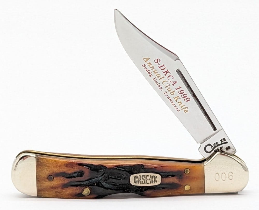 Ltd 1999 Case XX S-DKCA Worm Groove Jig Bone Long Pull Copperlock 61749: Knife is numbered 006, and is in very nice condition with light scuffs on the bolsters from handling. Overall measures 3-1/2in when closed.