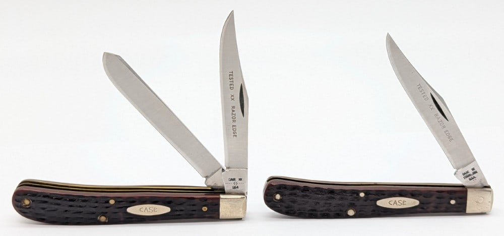 1978 & 81 Case XX Delrin Slimline Trappers: Knives are in nice condition with some light dings and scuffs on the bolsters from handling. Overall measures 4-1/8in when closed.