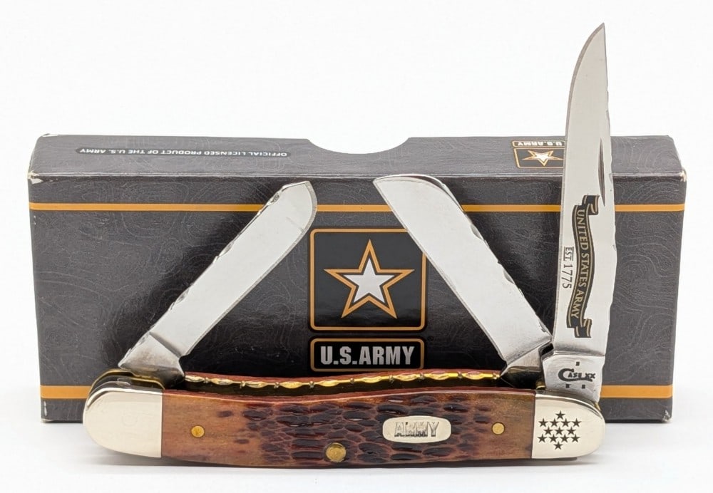 2017 Case XX Custom Fileworked ST-48 US Army Walnut Bone Stockman 6318 w/ Box: Features file work along the spines and the leaf springs. Knife is in like new condition. Overall measures 3-5/8in when closed.