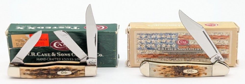 2002 & 16 Case XX Amber Bone Stockman & Copperlock w/ Boxes: Knives are in good condition with some carbon spots on the blades of the stockman. Largest overall measures 3-5/8in when closed.