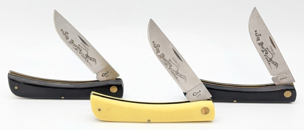 1993, 94, & 2019 Case XX Synth Yellow & Black Sod Busters 2138: Knives are in nice condition with light scuffs and dings on the handles. Overall measures 4-3/4in when closed.