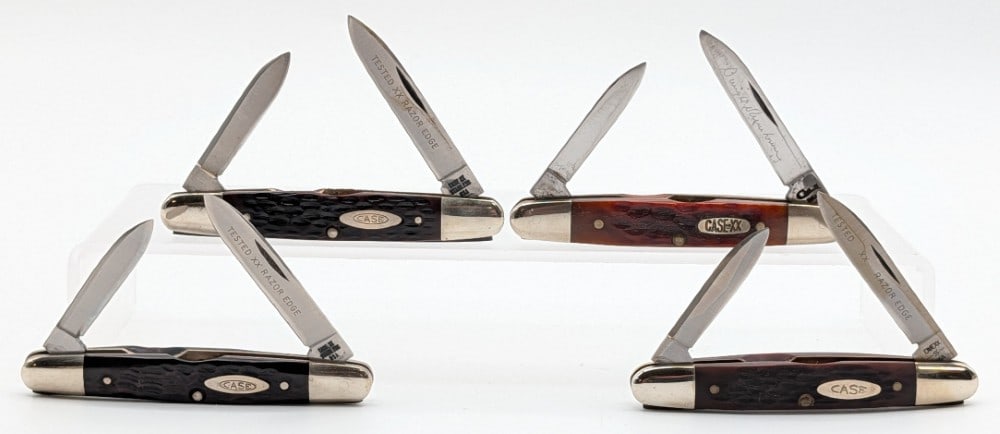 1974, 76, 81, & 97 Case XX Jigged Bone & Delrin Eisenhower Knives 06263: Knives are in good condition with a few scratches on the blades, scuffs and scratches on the bolsters, and nice handle scales. Overall measures 3-1/8in when closed.